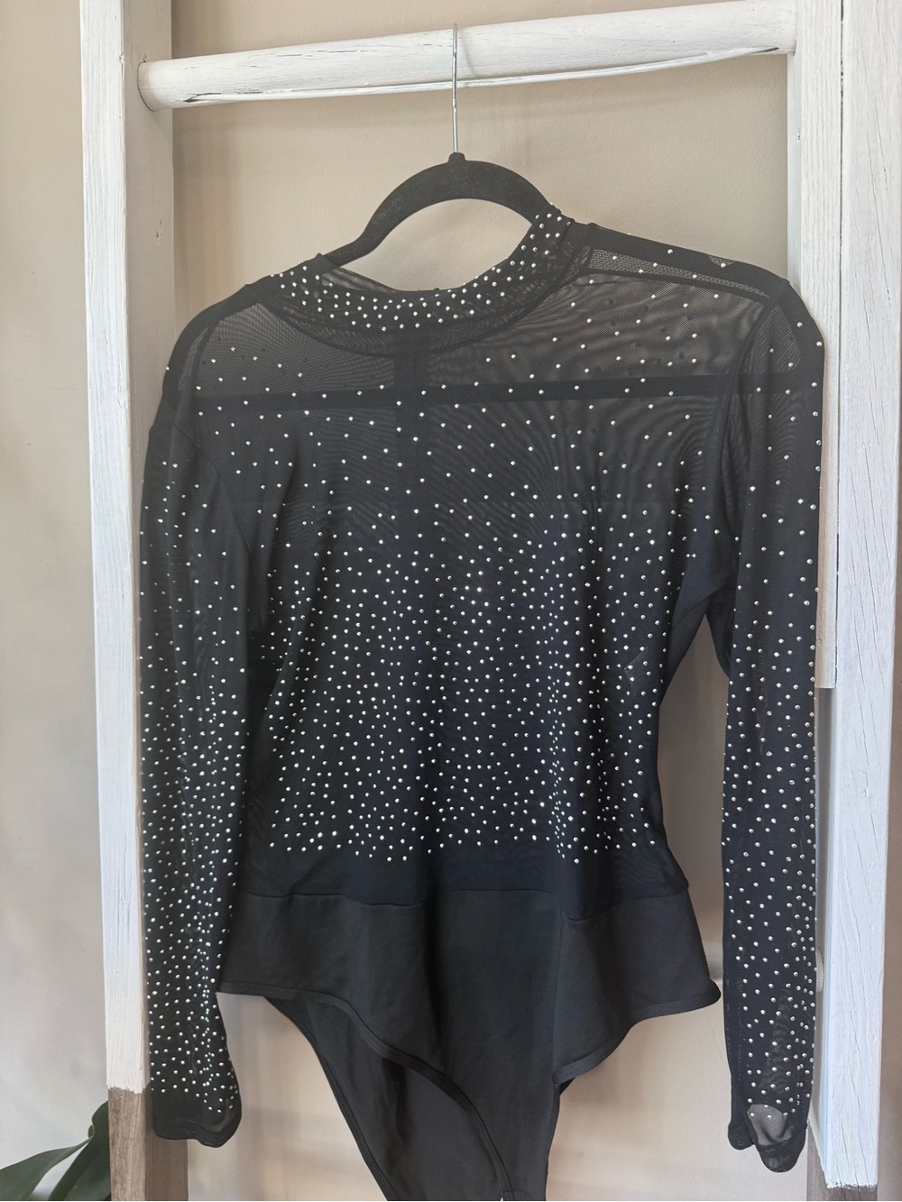Black Long-Sleeve Mesh Bodysuit with Rhinestones